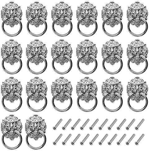 WMYCONGCONG 20Pcs 1.56 x 2.68 Antique Lion Head Pulls Classical Dresser Knobs Zinc Alloy Drawer Ring Handles with Screws for Drawer Dresser Wardrobe Cabinet Kitchen Cupboard Jewelry Box (Silver)