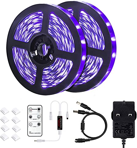 10M UV Light Strip Black Light with Remote Control 395nm 600 LEDs 12V/3A Flexible Blacklight Fixtures for Halloween Party Body Paint Bedroom Decor Blacklight Parties Stain Detector UV Poster(33ft)