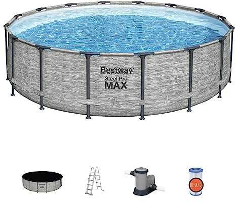Bestway Steel Pro Max | Round Frame Swimming Pool with Filter Pump, Above Ground Frame Pools, Grey, 16ft