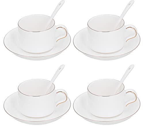 Tasses à Café en Ceramique Blanche avec Garniture Dorée Lot de 4 pour la Maison la Cuisine le Restaurant le Café le Mariage