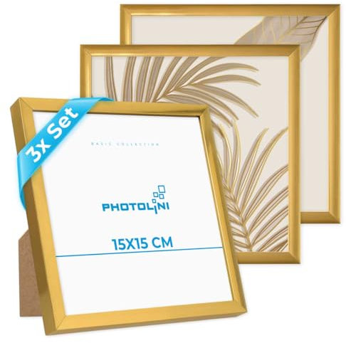 PHOTOLINI Bilderrahmen 15x15 cm Gold, 3er Set Kunststoff-Rahmen schmal, bruchsicheres Acrylglas, zum Aufstellen und Aufhängen, extra Zubehör - Dokumentenrahmen für Urkunden, Zertifikate & Fotos
