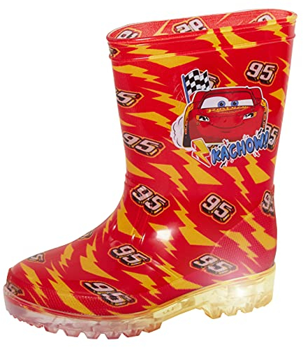 Disney Cars Light Up Wellington Stivali Ragazzi Stivali Stivali Bambini Lightning McQueen Rain Wellys con Luci Lampeggianti, Rosso, 23 EU