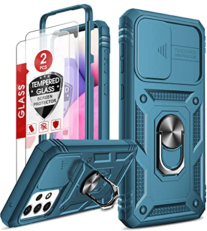 LeYi Hülle für Samsung Galaxy A33 5G Kameraschieber Schutzhülle [2 Schutzglas Folie], Militärische Rüstung Ringhalter Hybrid Case Kamera Klappe Protective Handyhülle Handy Hüllen A 33 5G Cover Blau
