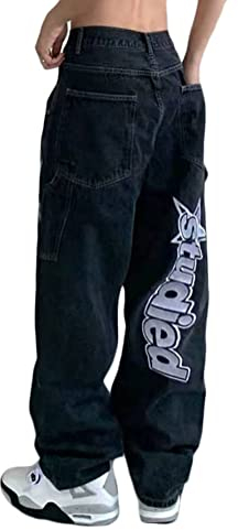 ORANDESIGNE Herren Hip Hop Baggy Jeans Straight Leg Gewaschen Jeanshose Casual Denim Hosen Vintage Bedruckte Jeans Teenager Jungen Skateboard Hose Streetwear G Schwarz S