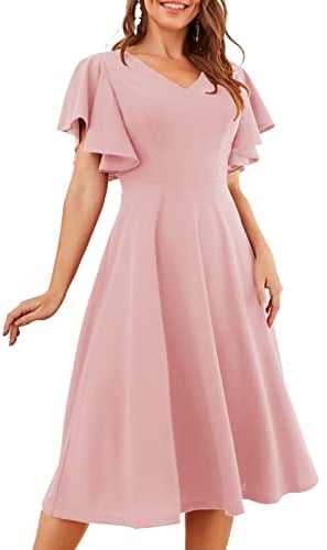 Bridesmay Women Vintage Floral Cocktail Tea Party Dresses, Flared Sleeve Modest Aline Swing Church Dress Blush 2XL