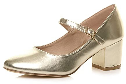 AJVANI Womens Ladies mid Block Heel Strap Work Evening Party Mary Jane Court Shoes Size 6 39 Gold