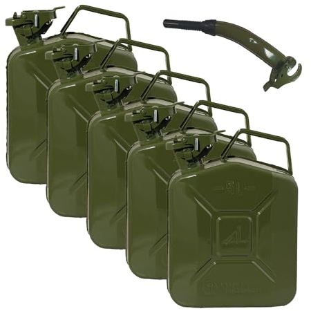 siwitec Kanister Set: 5x 5l Benzinkanister Metall + 1x Ausgießer, Kanister, Abfüllstutzen,Treibstoffkanister, Kraftstoffkanister