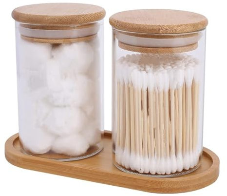 lulalula 2 Pack Cotton Bud Holder with Bamboo Tray, Glass Cotton Pad Jar with Lids and Sealing Silicone Ring, Cotton Buds Container Box Set for Bathroom Makeup Storage Pot Cotton Ball Storage