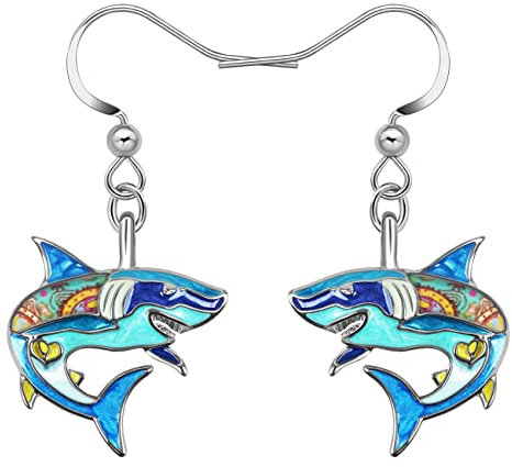 LONYOO Emaille Ozean Tiere Hai Ohrringe baumeln Zinklegierung Oktopus Qualle Wal Delphin Ohrringe für Frauen Mädchen Sommer Charms (Hai Ohrringe Blau)
