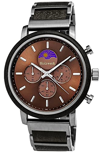 Holzwerk Germany Handgefertigte Designer Herren-Uhr Öko Natur Holz-Uhr Chronograph Armband-Uhr Analog Quarz-Uhr Braun Schwarz Silber mit Mondphase