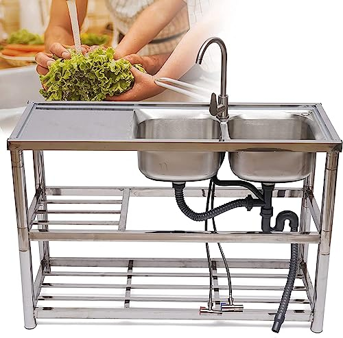 Fregadero de Cocina Doble Seno con Escurridor, Fregadero de Acero Inoxidable de 2 tazones, 304 De Fregadero De Cocina Independiente Industriales, Limpieza Fácil para Restaurantes,Bares