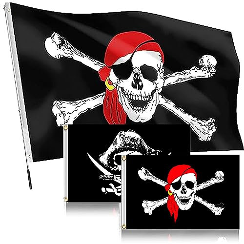 2 pcs 150 * 90cm,Drapeau de Pirate,Drapeau de CrâNe De Pirate,Drapeau Pirate Tête de Mort,Grand Drapeau Pirate,Résistants Aux Intempéries,pour La Décoration d'Halloween,Les Jeux De Rôle De Pirates