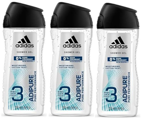 Adidas ADIPURE Mens 3 in 1 Showergel for Hair Body and Face (pack of 3) 250ml each% Soap% Colourants