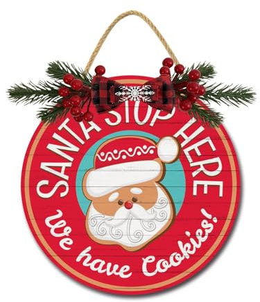 Santa Stop Here, cartello anteriore per decorazione porta, 30,5 cm, rotondo, in legno, da appendere alla parete, per esterni, fattoria, veranda, per primavera, estate, autunno, tutte le stagioni,
