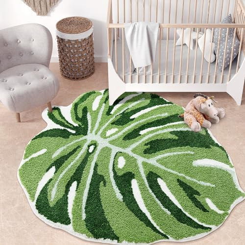 Panstar Green Leaf Kinderteppich, Monstera-förmiger Teppich für Schlafzimmer, Badezimmer, rutschfeste Mikrofaser, getuftete Pflanze, große Badematte, Boho-Heimdekoration, große Größe, 109 x 91 cm