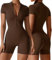 AIEOE Frauen Yoga Strampler Y2K Langarm mit Kragen Reißverschluss Sport Jumpsuit Damen Eng Yoga Größe XL Braun B