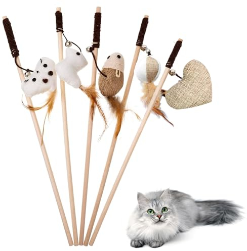 5 Pièces Jouet Chat Interieur Baguette Plume,Plumeau Jouet à Plume Canne à Pêche pour Chat,Jouet Chat Plumeau Baguette,Jouet Plume Chat,Jouets pour Chats Interactifs,Jouets pour Chats