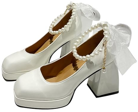 Bout Carré Chaussures Femme Talon Bloc Bride Cheville avec Noeud Escarpins Femme À Talon Bloc Haute pour Bureau Mariages Fêtes