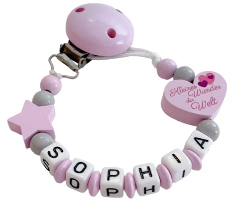 personalisierte Kette mit Namen für für Mädchen Junge in Blau Rosa Baby Geschenk personalisiert zur Geburt & Taufe Stern & Motiv kleines Wunder Welt (Rosa)