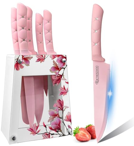 Kitchen Knife Block Set, 6 Piece Pink Kitchen Set with Flower Acrylic Stand, Ultra Sharp Chef Knife Set with Stainless Steel Blades, Professional Knives Set with Ergonomic Soft Handle (Pink)