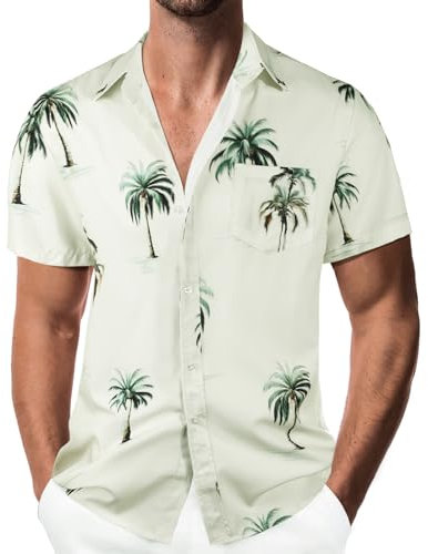 Danfiki Men's Hawaiian Shirt Short Sleeve Green Floral Summer Causal Shirt for Beach Holiday
