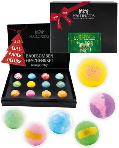Hallingers Genuss Manufaktur Badebomben Weihnachts-Geschenk-Set - 12x Badekugeln Bath Bombs, in Geschenkbox, Frauen Badeperlen-Wellness & Spa Merry Christmas..., Weihnachten für Frauen Männer