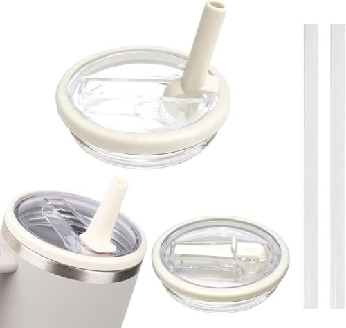 30 OZ 2 Pcs Tumbler Flip Straw Lid Replacement Fit for Stanley Quencher Tumbler, Spill Proof and Leak Resistant Tumbler Lids Compatible with Stanley Cup Accessories(Cream)