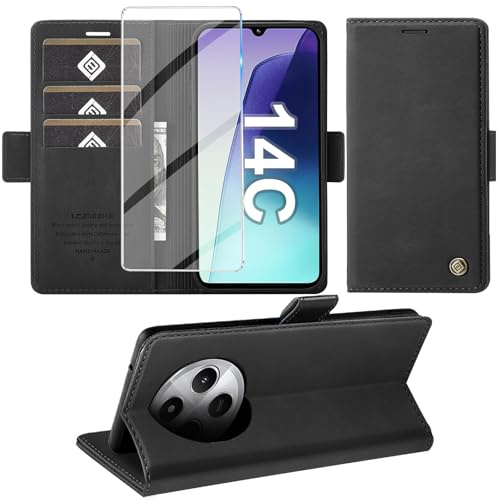 Giyer für Xiaomi Redmi 14C Hülle mit Schutzfolie, Handyhülle für Xiaomi Redmi 14C 5G PU Leder Wallet Flip Case, Schutzhülle für Xiaomi Redmi 14C Klapphülle mit Kartenfach Standfunktion (Schwarz)