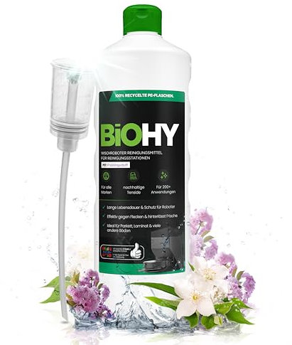 BiOHY Wischroboter Reinigungsmittel für Reinigungsstationen mit Frühlingsduft (1l Flasche) + Dosierer | Verlängert die Lebensdauer der Absaugstation | Schaumarmes Bodenreiniger Konzentrat