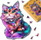 Figured'Art Holzpuzzle Erwachsene und Kinder 200 Teile Tiere - Bunter Katze mit Edelstein - Originelles Design 25,2x39 cm Einzigartige Form mit Premium-Holzkiste