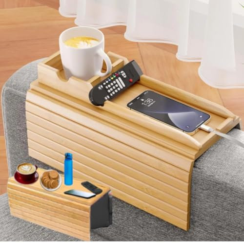 Naturebuz 2-in-1 Wooden Sofa Tray Table with Detachable Tray Bamboo Armrest Table Non-Slip fCups, Remotes, Bottles, Food, Drinks and Phones