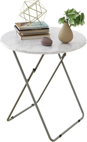 Round Folding Table, Balcony Foldable Table, Folding Snack Table, TV Tray Table, Outdoor Camping Table, Sofa Table, Side Table, End Table, Laptop Table for Small Space Living Room (White Marble)