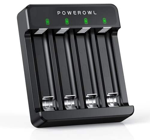 POWEROWL Chargeur de Piles AA AAA 4 Baies, Emplacement indépendant, Charge USB pour Piles Rechargeables Ni-MH Ni-CD