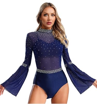 Xnihocha Damen Glitzer Tanzbody Sheer Mesh Tanzanzug Langarm Ballettanzug mit Strass Einteiliger Eiskunstlauf Tanz Trikotanzug