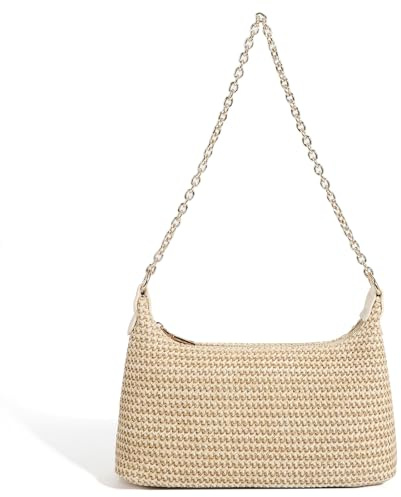 Damen-Schultertasche aus Stroh, gewebt, leicht, für den Sommer, Schultertasche, Handtasche für Urlaub und Reisen, Beige, Small, Strandtasche aus Stroh