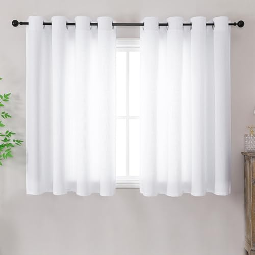 Simplebrand Gardinen Vorhänge Weiss mit ösen Vorhang Kurz Modern Leinenoptik Halbtransparent Ösenvorhang für küche Wohnzimmer Kinderzimmer Raumteiler 2er Set Weiß H 122 x B 140 cm