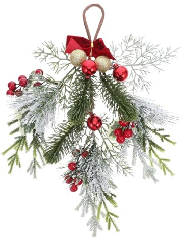 Ciieeo Weihnachtlicher Teardrop Swag Türkranz mit Roten Beeren Goldenen Kugeln und Schleife Künstlicher Winter-wandbehang für Innen und Außen Festliche Xmas-Dekoration für Haustür