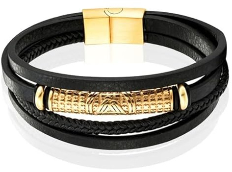 Mendes Schmuck Herren Armband - Stylisches schwarzes Leder mit Gold-Akzente-21cm