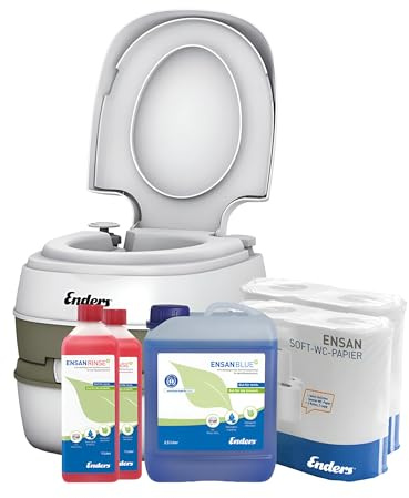 Enders Campingtoilette Comfort Large+ Set, kompakt & leicht, effektive Kolbenpumpe, inkl. 2,5L Blue+ + 2X Rinse+ + 8 Rol. WC-Papier, biologisch abbaubar, Camping WC, Chemietoilette & Mobile Toilette