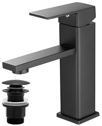 Vuadzren Rubinetto Bagno Lavabo Miscelatore da lavabo a foro singolo, forma quadrata, nero, a leva singola con cartuccia ceramica, in acciaio inox(1, nero con gruppo di scarico)
