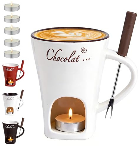 BOYIFEIJIE Schokofondue Tasse 150ML mit Teelicht und Gabel – Keramik | Schokofondue Tassen Set ideal für Schokolade, Butter und Karamell