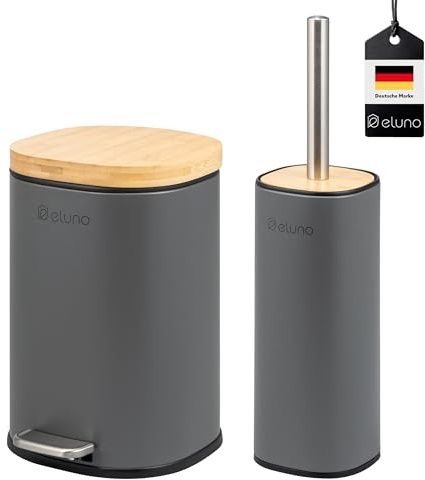 eluno Badezimmer Zubehör Set FRAMURA 2tlg. bestehend aus 1 Kosmetikeimer mit Soft-Close Deckel und 5 Liter Fassungsvermögen und 1 WC-Garnitur, aus Metall mit Bambusdeckel (Grau)