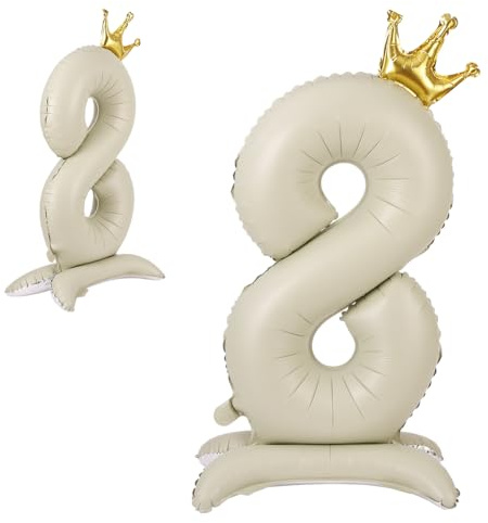 APXEL Zahlen Luftballon 8 Beige, Stehende Folienballon große mit Krone Zahl Ballon 8, 42 Zoll Helium Ballons Zahl Geburtstagsdeko Mädchen Junge Kindergeburtstag Party Deko Silvester Neujahr