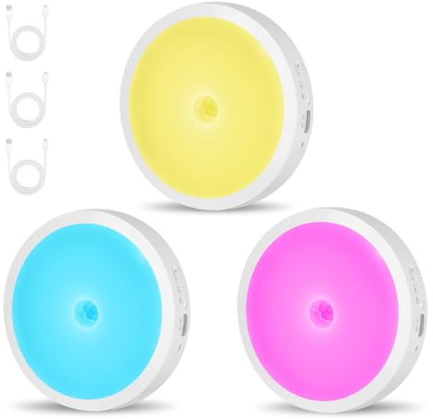 AUAUY 3 Stück Nachtlicht mit Bewegungsmelder, Nachtlampe, RGB | USB Wiederaufladbares, 3 Modi Auto/ON/Off, LED Nachtlicht Kinder, für Schlafzimmer, Schrank,Toilette, Küche, Flur, Badezimmer