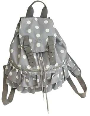 Gyios Rucksack Harajuku Polka Dot Frauen Kordelzug Große Kapazität Student Daypack Damen Süße Nette Rüschen Mochilas Mujer-grau-27x32x12cm