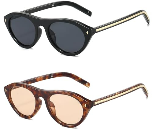 LJCZKA Retro Ovale Sonnenbrille für Damen Herren Kleine Ovale Sonnenbrille Vintage 90er Oval Katzenaugen Rund Schmal Rahmen Brille Mode mit UV Schutz