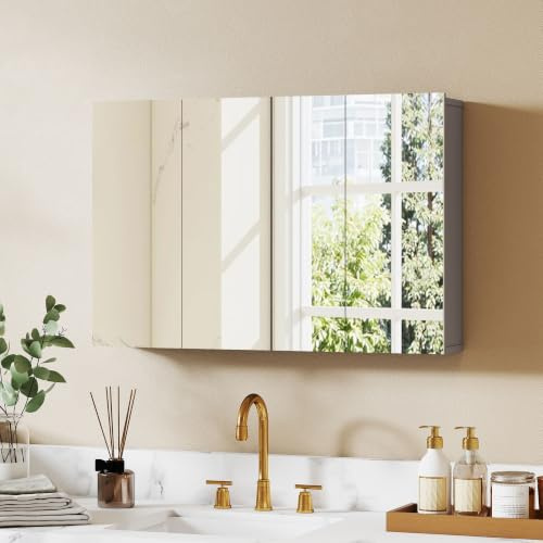 kleankin Spiegelschrank Bad mit 3 Soft-Close-Türen Grau 90 x 15 x 60 cm