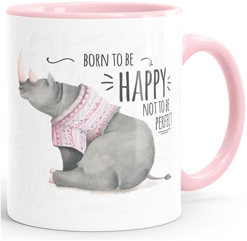 MoonWorks Kaffee-Tasse Spruch Nashorn Born to be Happy not to be Perfect Quote glücklich fröhlich positives Denken rosa Unisize