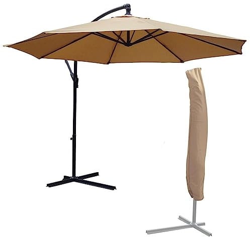 KCT 3.5m Large Mocha Hanging Cantilever Parasol and Cover - Umbrella Patio Sun Shade with Adjustable Crank Tilt and Outdoor UV Protection