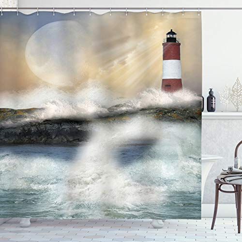 ABAKUHAUS Phare Rideau de Douche, Vagues de la mer orageuse, Tissu Ensemble de Décor de Salle de Bain avec Crochets, 175 x 200 cm, Gris-Bleu Beige